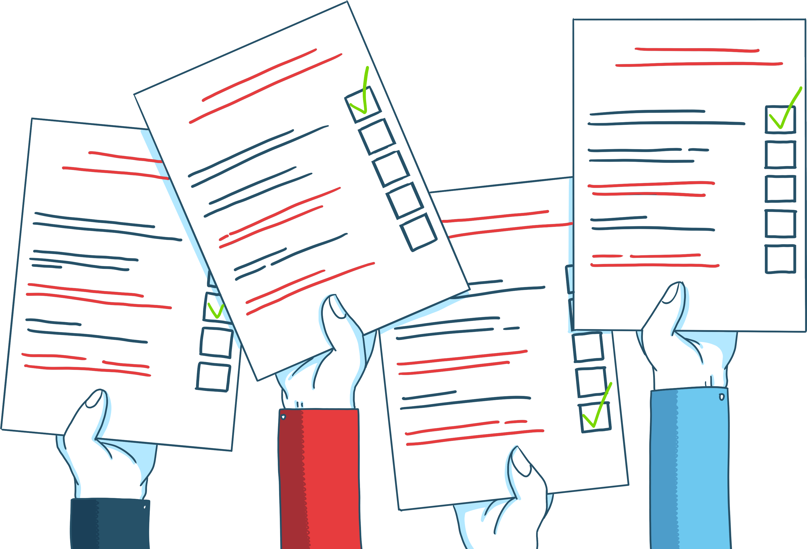 An image of four hands holding ballots in the air